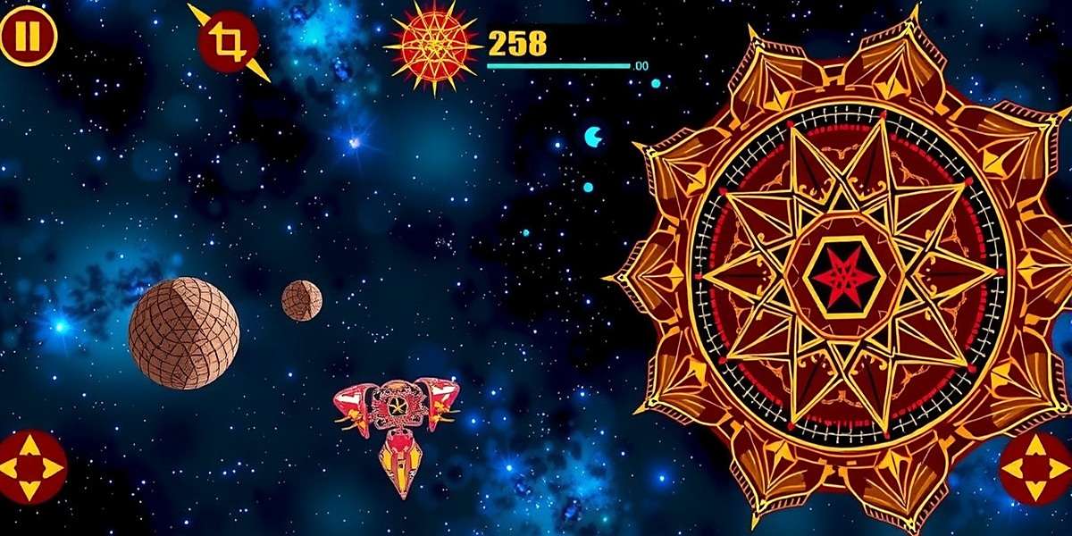 Spectacle Star Master Gameplay Screenshot Spectacle Star Master gameplay showing a player navigating a spaceship through a cosmic scene with traditional Indian star patterns