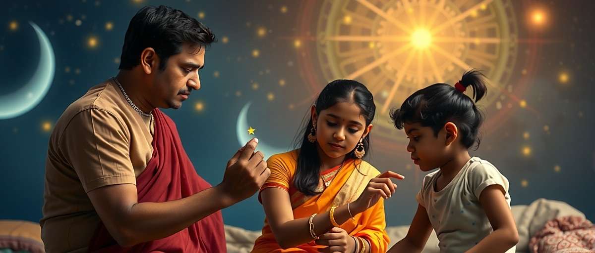Spectacle Star Master Family Gameplay Indian family playing Spectacle Star Master together, with the father explaining a constellation to his children